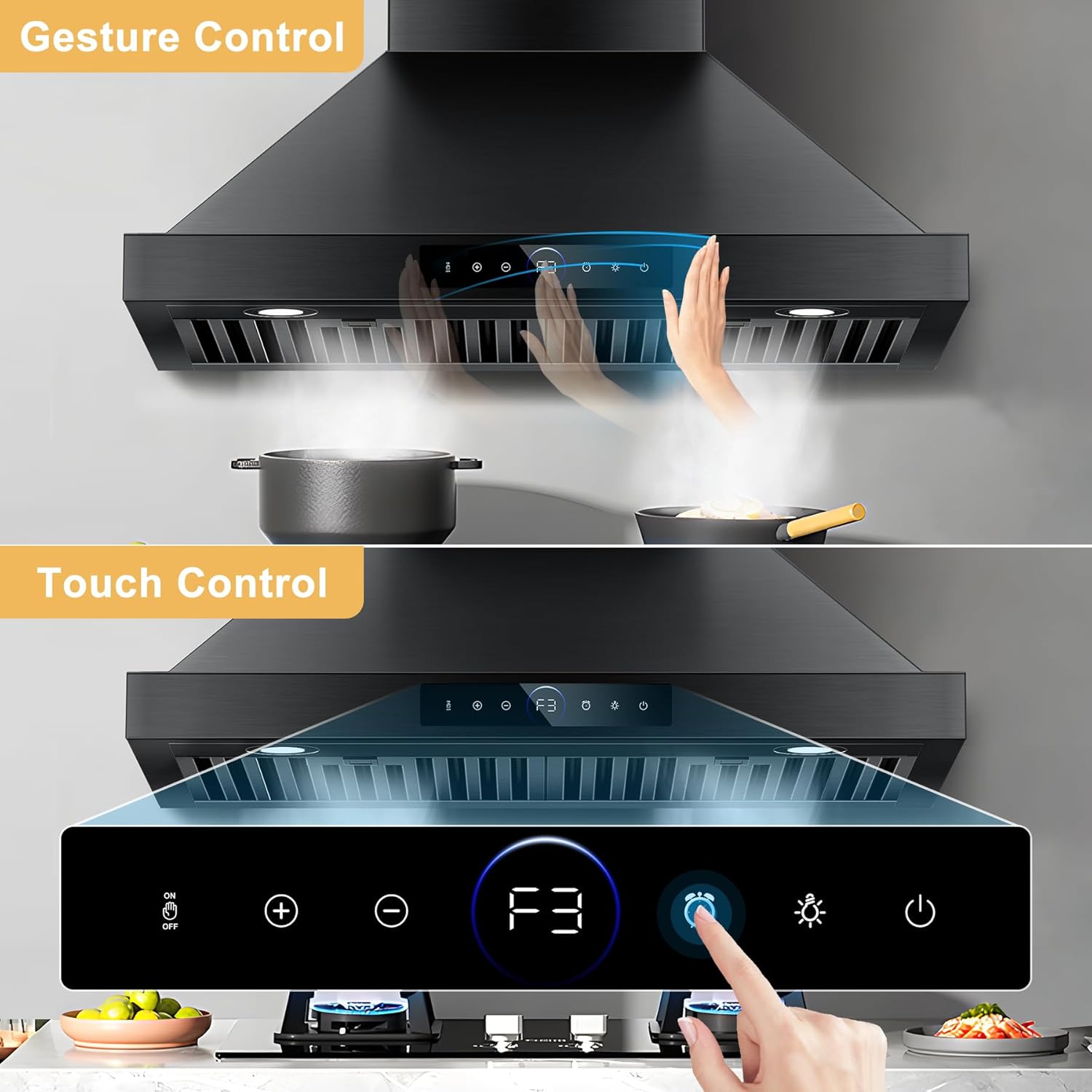 30 inch Range Hood Wall Mount, 1200 CFM with 4-Speed Gesture Sensing & Touch Control, Stainless Steel Ducted Kitchen Stove Vent Hoods with 2 LED Lights, Time Setting, Dishwasher-Safe Baffle Filters