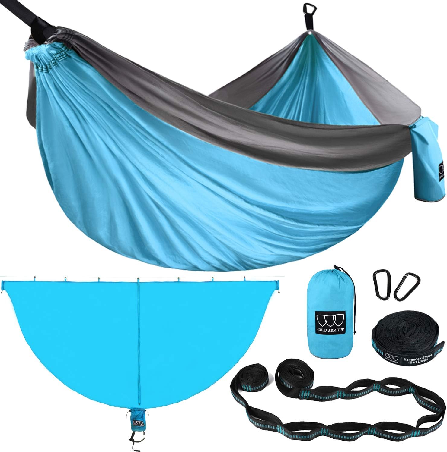 Gold Armour Camping Hammock with Bug Net - XL Double Hammock Portable Hammock Camping Accessories Gear Mosquito Bug Net Set for Outdoor Indoor, USA Based Brand (Sky Blue & Gray)