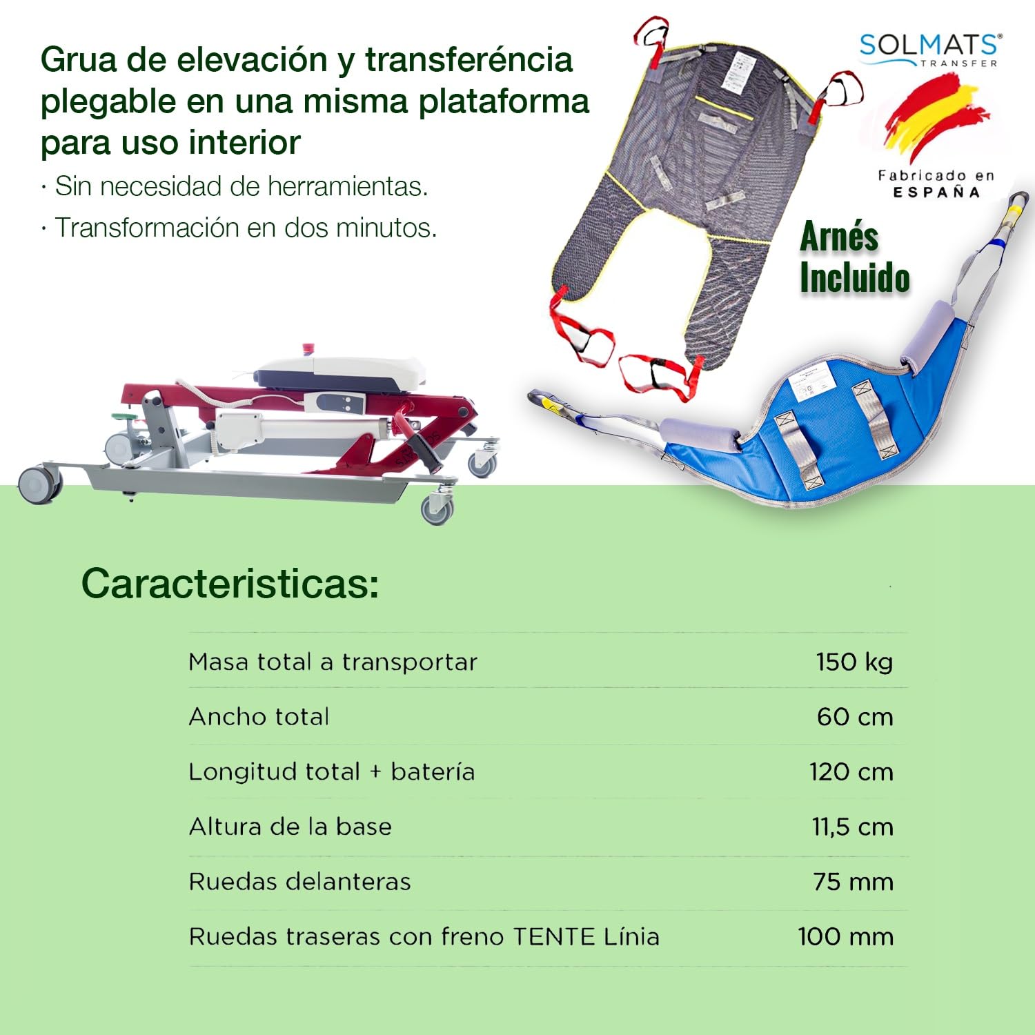 Grúa enfermos, Grúa para personas mayores, Grúa electrica, 150 KG, Solmats Grúa dúo, Grúa dos en uno, Personas Mayores, Dos arneses incluidos, Fabricado en España