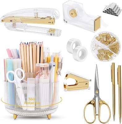 SKYDUE Gold Office Supplies Set with Pencil Holder for Desk | Gold Desk Accessories with Gel Pen…