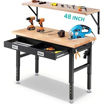 ENJOYWOOD 48" Adjustable Height Workbench with Drawers, Rubberwood Top, Wall-Mounted Shelf & Power Outlet, Heavy Duty Garage Work Bench for Workshop & DIY Projects