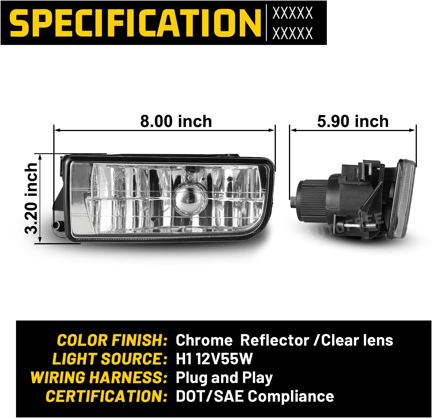 Fog Lights for BMW M3 E36 3 Series 1992 1993 1994 1995 1996 1997 1998 1999 Fog Lamps Replacement Assembly with H1 12V 55W Bulbs-1 Pair (Clear Lens)