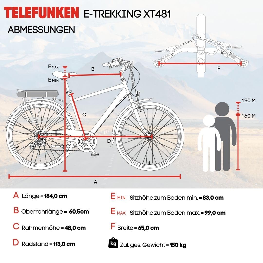 TELEFUNKEN E-Bike 28 Zoll für Damen & Herren | Trekking-Fahrrad mit 21-Gang Kettenschaltung | Elektrofahrrad mit 250W Hinterradmotor und Li-Ion-Akku | Pedelec mit V-Bremsen und LED-Beleuchtung