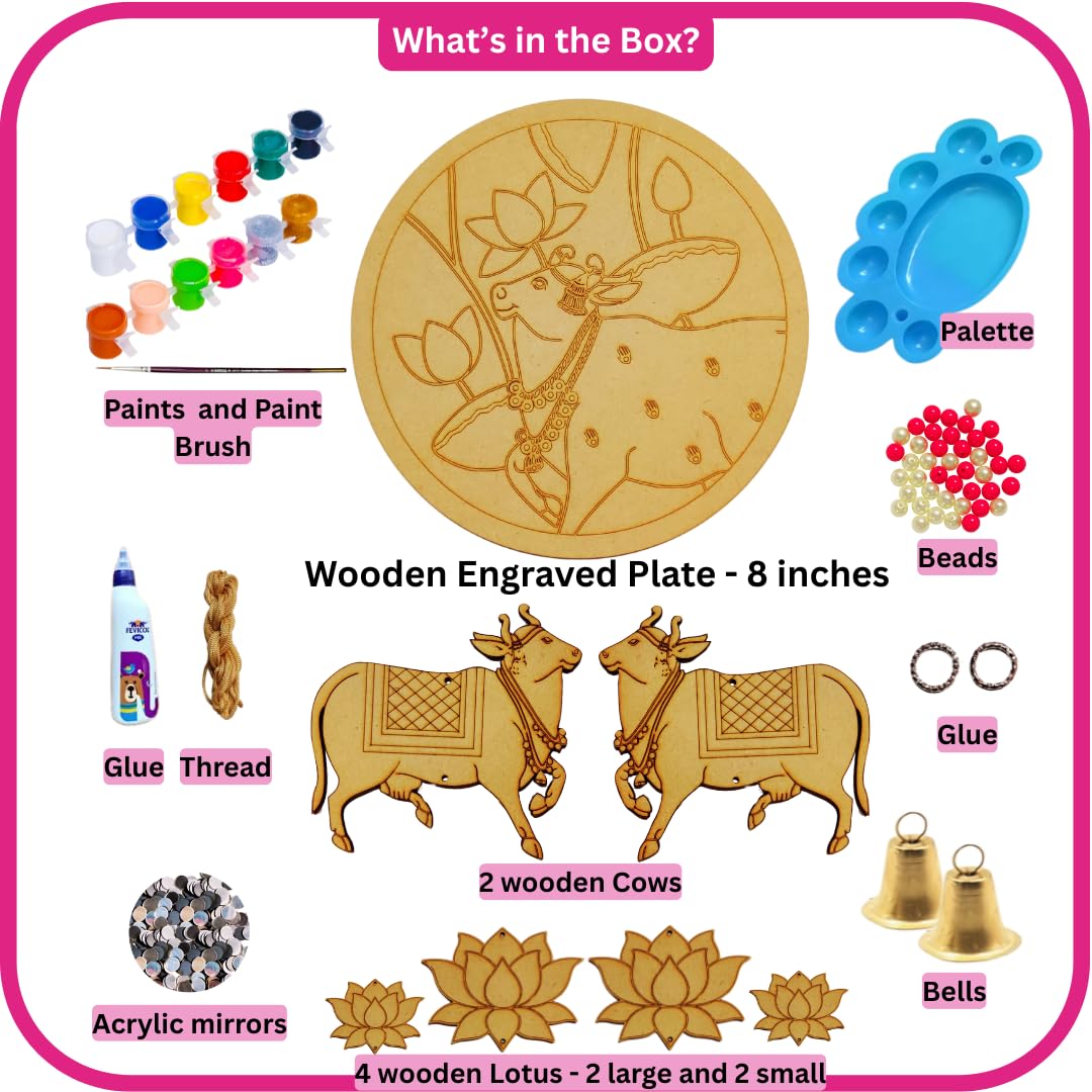 Funtaala Pichwai - Kit fai da te per bambini e adulti, piatto in legno inciso con vernici, specchi e campane, regalo di compleanno per ragazze, regalo di compleanno per ragazzi, arte popolare indiana