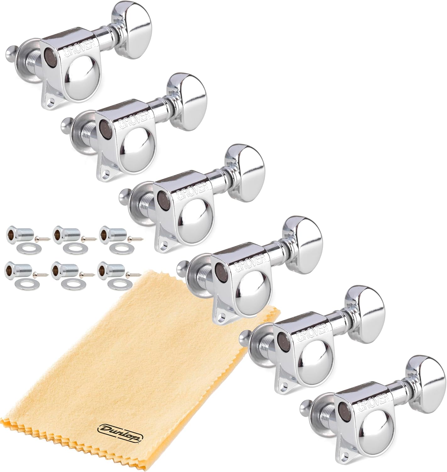 Grover 406C6 Locking Rotomatics Guitar Tuners, In-Line Tuning Machines Set 18:1 Chrome Mid-Size "Mini" Tuning Keys with Tonebird Dunlop Polish Cloth Bundle INLINE 6 Tuner Heads Small Kidney Button