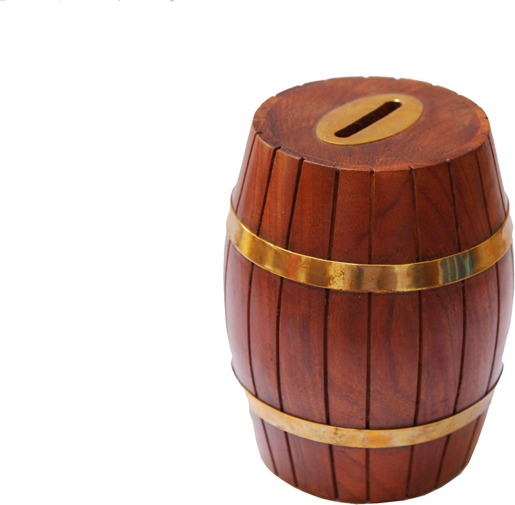 WoodGraphs Handicrafted Wooden Barrel Design Money Bank/Coin Saving Box/Piggy Bank/Gifts for Kids, Girls, Boys & Adults (Brown, 4x4x5 Inches)