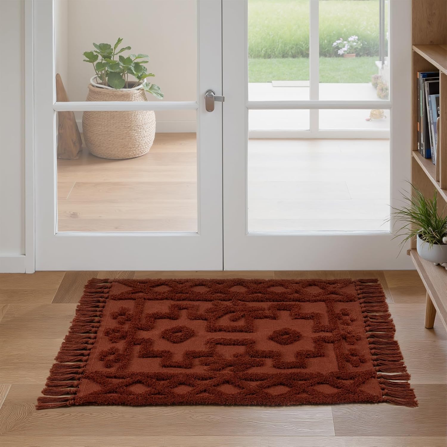 Uphome Boho Bathroom Rug 2' x 3', Washable Small Farmhouse Bedroom Rugs, Terracotta Geometric Bath Mats for Home Decor, Cotton Woven Moroccan Tufted Throw Rug for Entryway Front Door Kitchen
