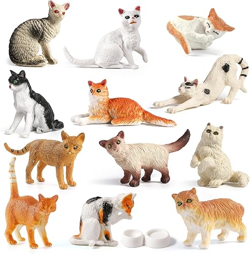 Mini Tudou Juego de figuras de gato de 12 piezas, juego de figuras de gato realistas con cuenco de comida, juguetes educativos para gatitos, figuras