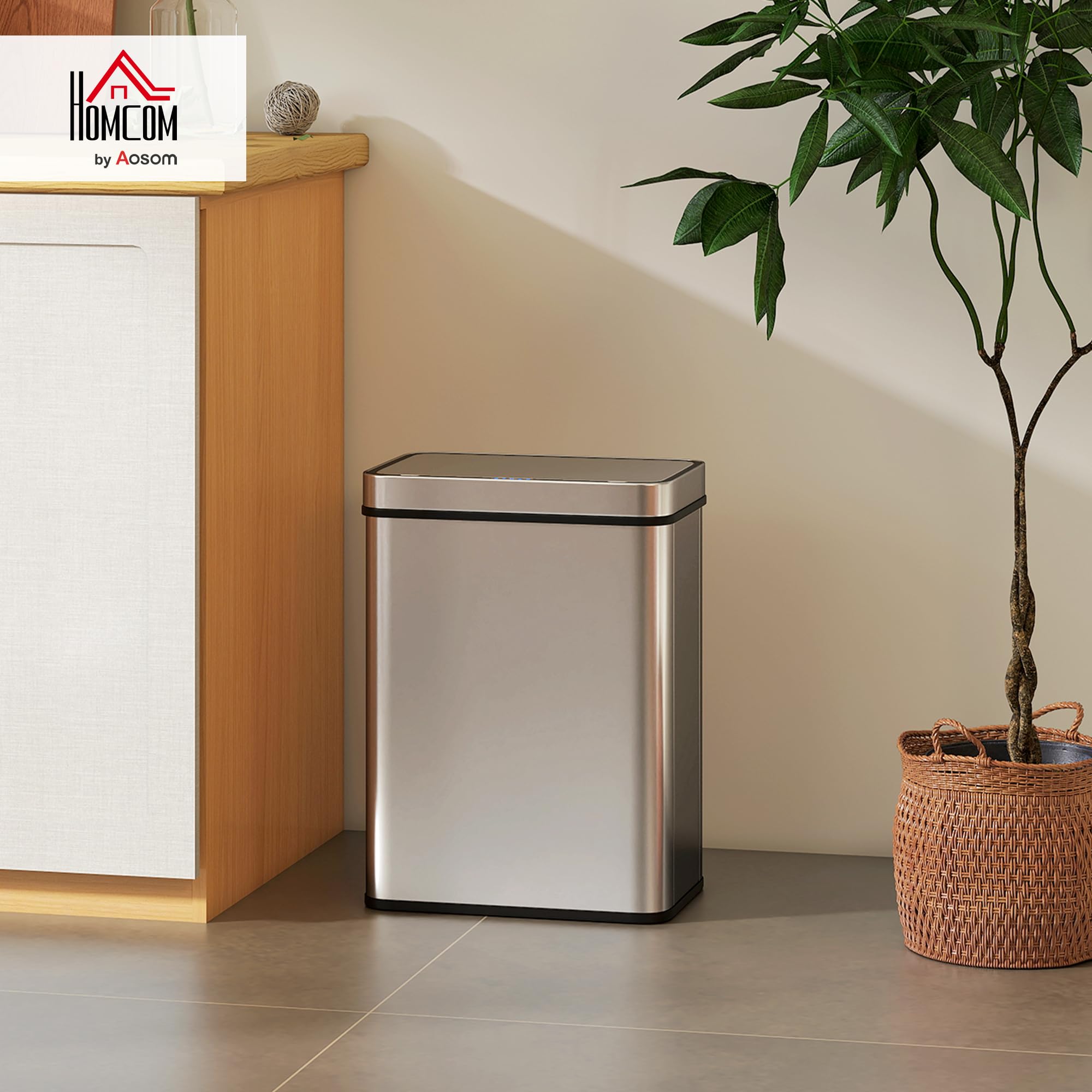 HOMCOM Poubelle à Capteur 50 L, Couvercle à Fermeture Douce Argenté | Poubelle de Cuisine Automatique sans Contact, en Acier Inoxydable Anti-Traces, pour Cuisine, Maison, Bureau