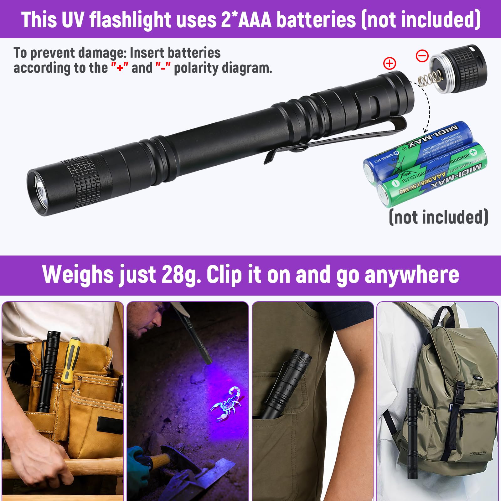 Torcia UV, Luce Nera 395nm Ultravioletta con Pinza, Mini Lampada Ultravioletti per Pesca, Rilevatore di Urina, Torcia impermeabile a LED da 13 cm (10 pack-Batterie non incluse)