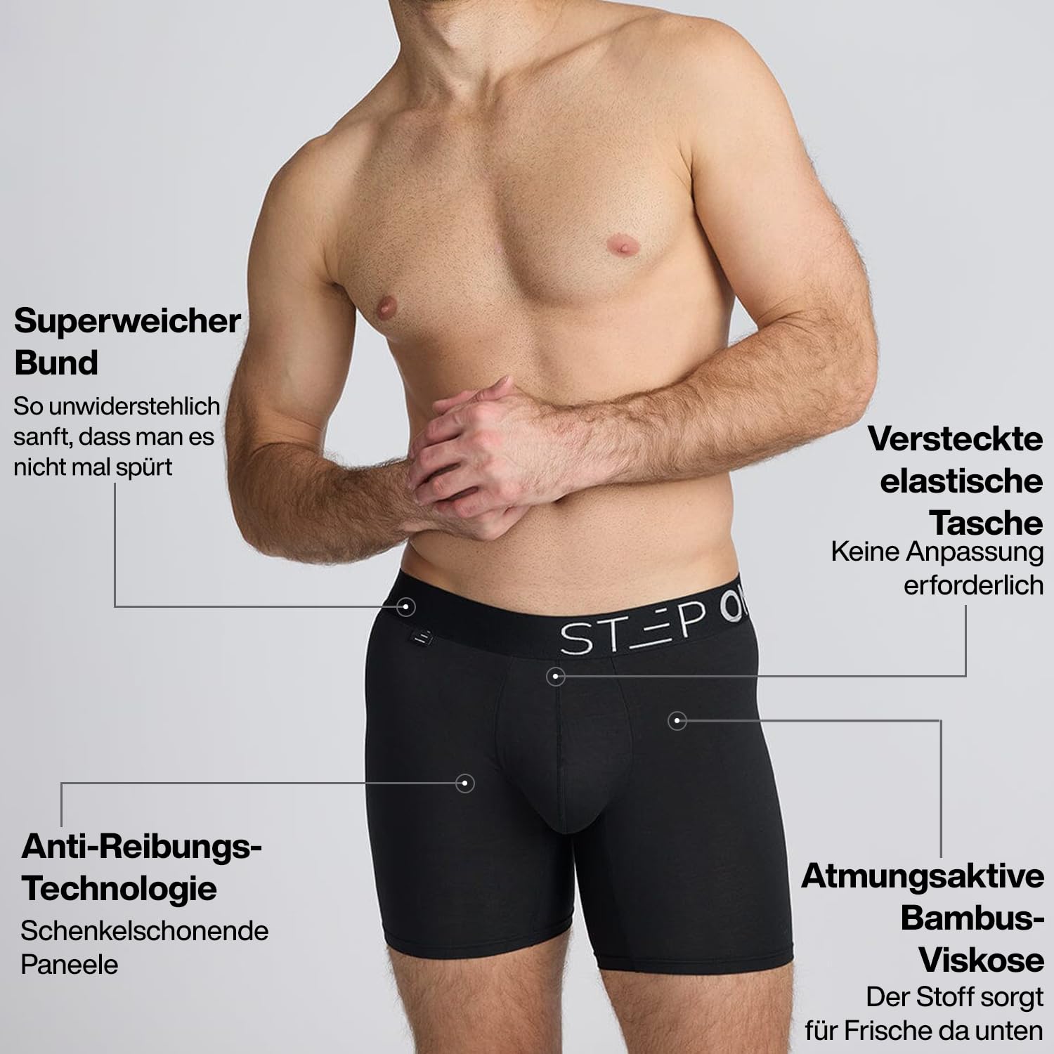 STEP ONE Herren Boxershorts - 3er Pack I feuchtigkeitsabweisende Männer Boxershorts, mit 3D Tasche + Scheuerschutz, organische Bambus Unterwäsche Black XL