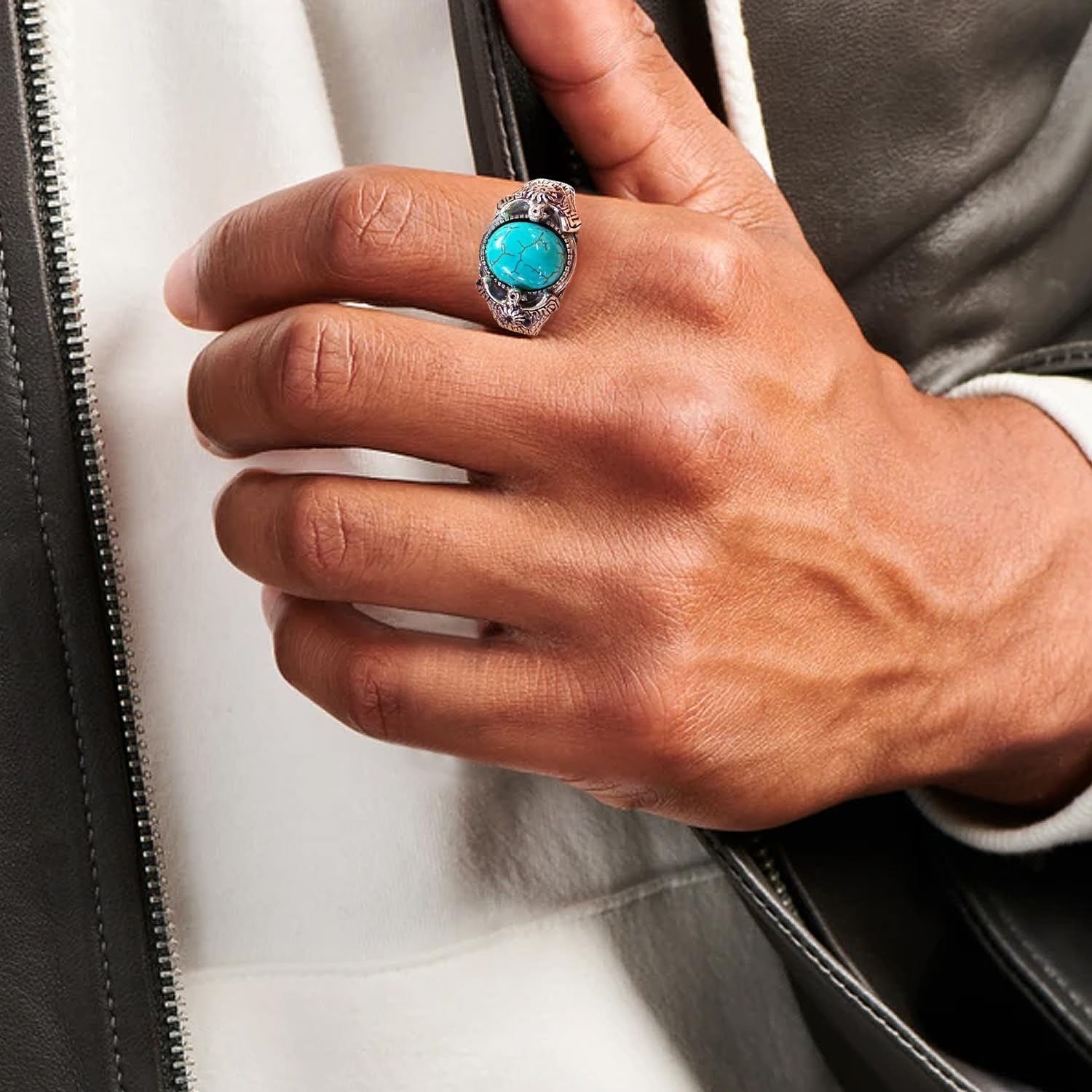 925 Sterling Silver Real Turquoise Thunderbird Ring for Men 11x9 mm Gemstone Eagle Sun Native American Rings Vintage Jewelry for Man