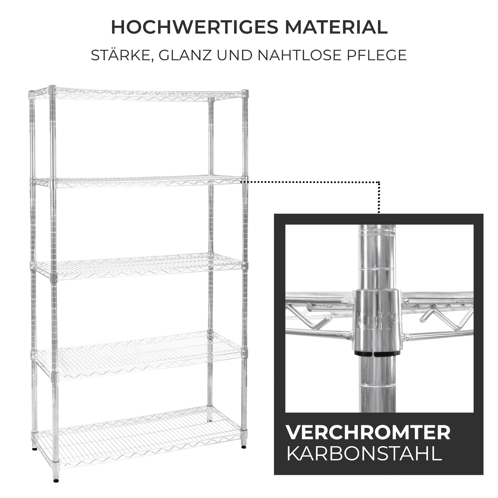 Drahtregal 5-stufiges Metall-Aufbewahrungsregal Heavy Duty Freistehend Höhenverstellbaren Böden & Füße Multifunktional Küche Büro Garage Speisekammer Silber Chrom 1000kg Tragfähigkeit 45 x 120 x 180cm