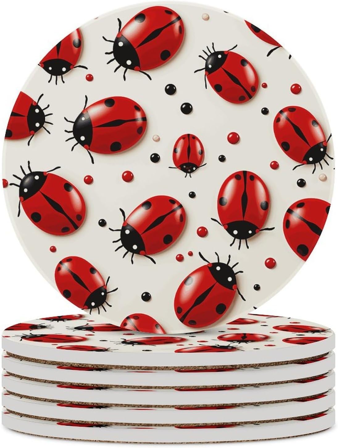 Red Ladybug Coaster with Cork Base Drink Coasters for Coffee Table Decor Modern Cup Coasters with Non-Slip & Heat-Resistant Cute Ceramic Table Coaster for Home Dining