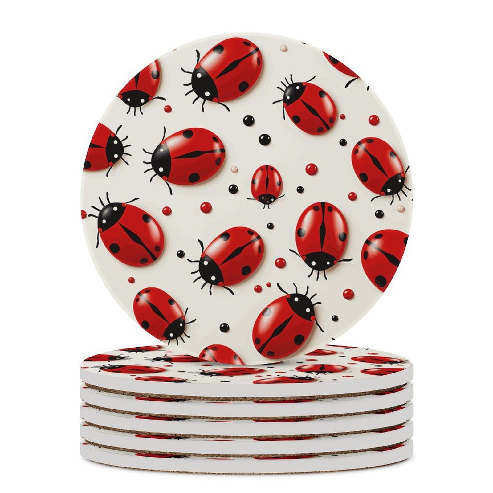 Red Ladybug Coaster with Cork Base Drink Coasters for Coffee Table Decor Modern Cup Coasters with Non-Slip & Heat-Resistant Cute Ceramic Table Coaster for Home Dining