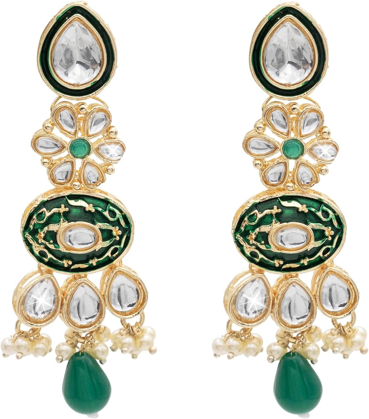 Shining Jewel Handcrafted Gold Plated Floral Design Traditional Ethnic Kundan, Pearl Studded Light Green Meenakari Earrings for Women (SJE_46.D6_LP)