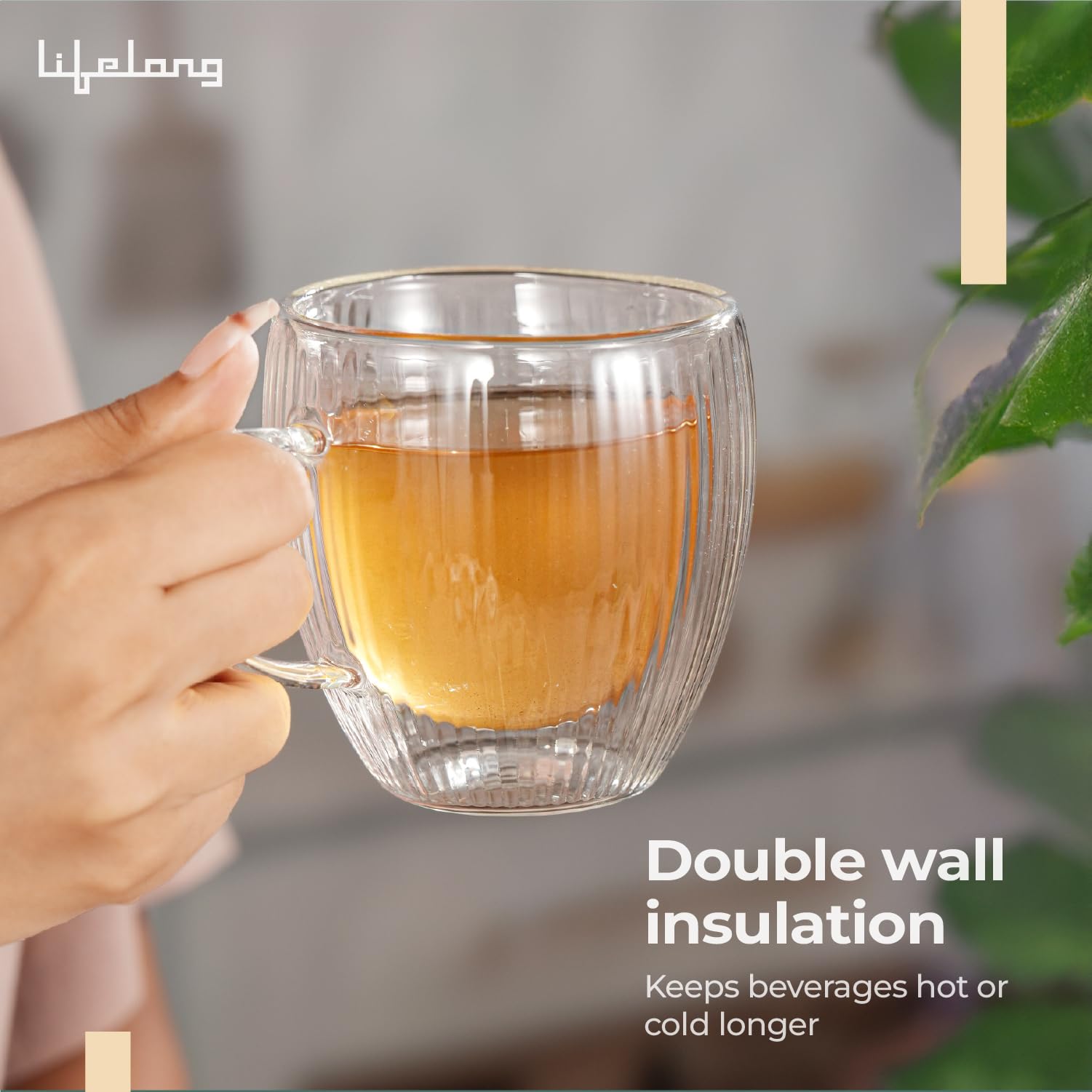 Lifelong Elegant 250ml borosilicate double-walled coffee mug – heat resistant, keeps drinks hot longer and prevents condensation.