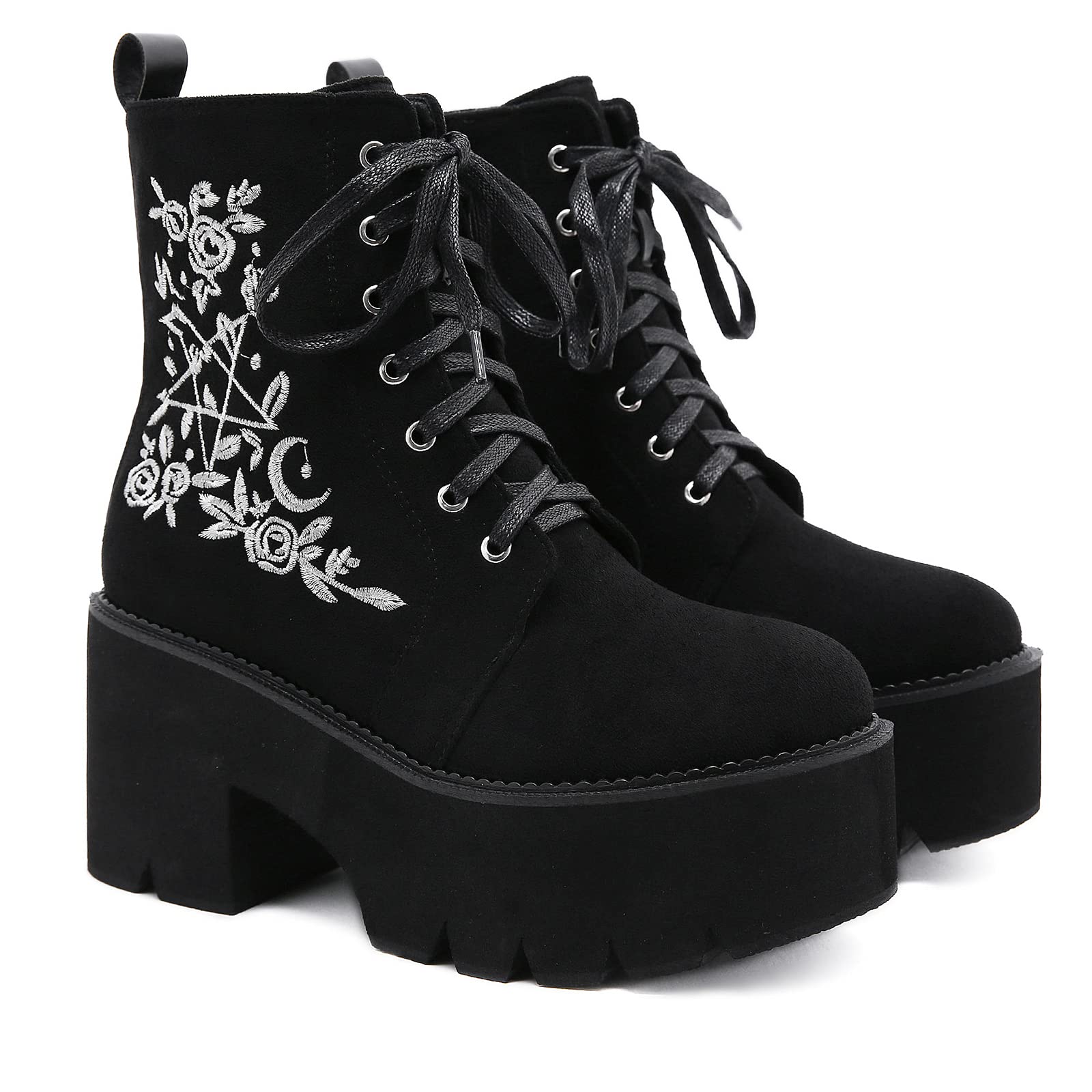rui yueWomens Platform Boots Round Toe Chunky Ankle Boots Punk Boots Lace Up&Zipper Combat Boots
