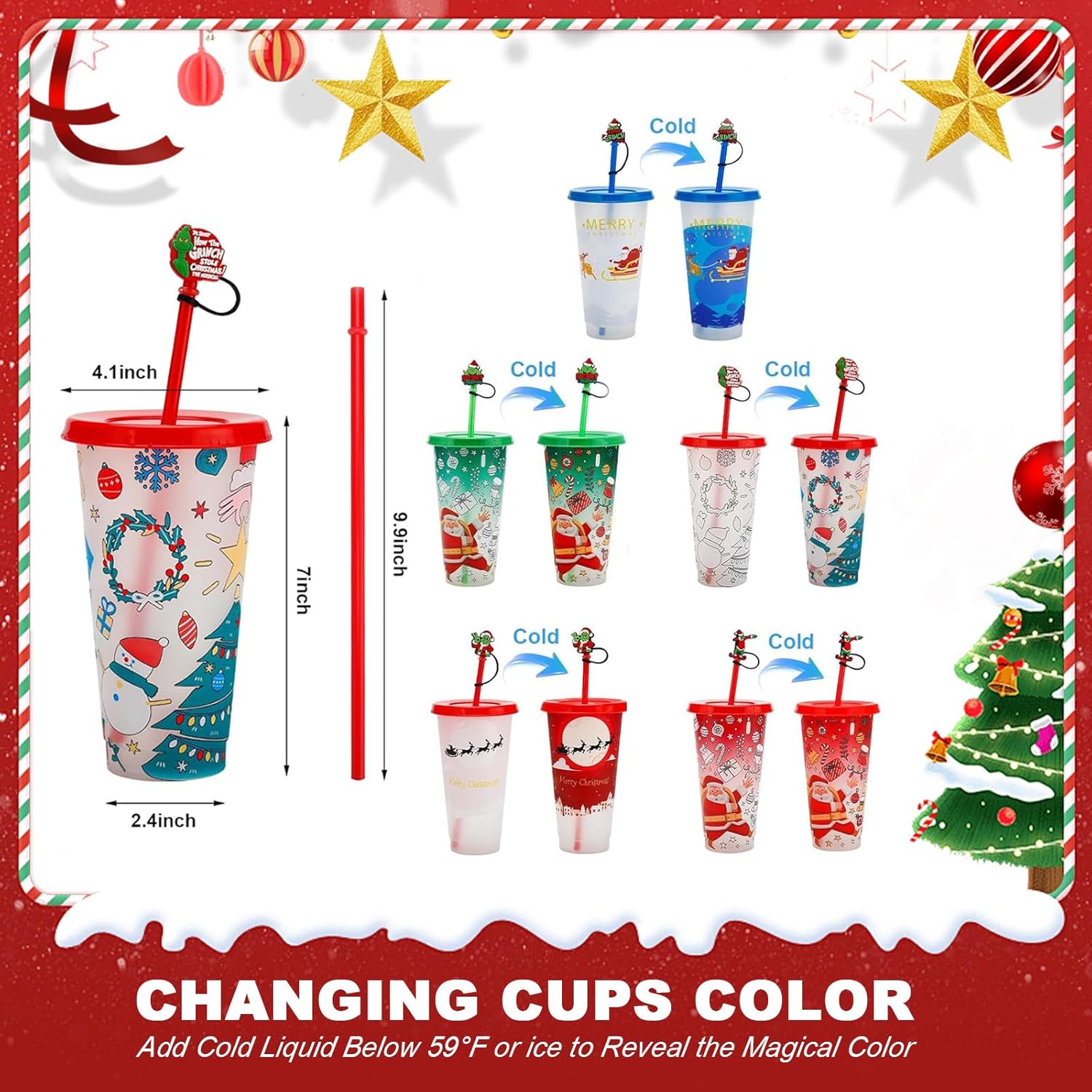 Christmas Color Changing Cups with Lids and Straws 5 Pack Plastic Cute Tumbler with Spill Resistant Straw, Easy Clean Kids Water Bottle, Dishwasher Safe Reusable for Water Iced Coffee or Tea 24oz - Image 2