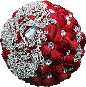 Brooch Bouquet 8" Bride Bridesmaid Satin Rose Wedding Bouquet w/Peacock Butterfly Rhinestone Crystal Brooches Custom-Made Artificial Floral Bouquet Centerpiece, Burgundy Bouquet