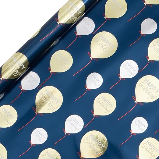 Glick Luxury Roll Wrap, Navy Happy Birthday Wrapping Paper, Perfect for