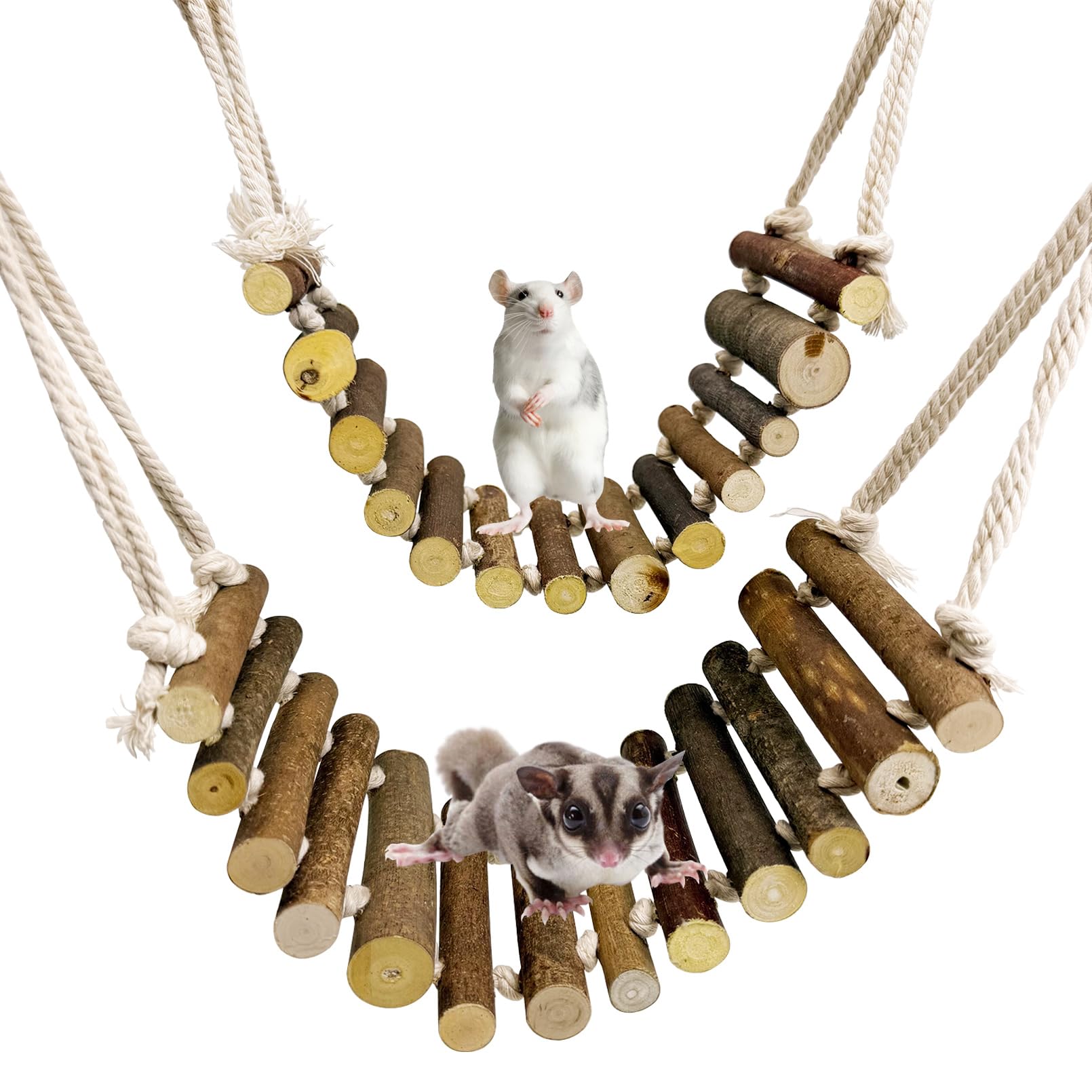 BNOSDM Sugar Glider Kletterspielzeug 2 Stück Natur Holz Seil Leiter Hängende Zuckergleiter Brücke Käfig Zubehör für Mäuse Ratten Hamster Rennmäuse Chinchilla
