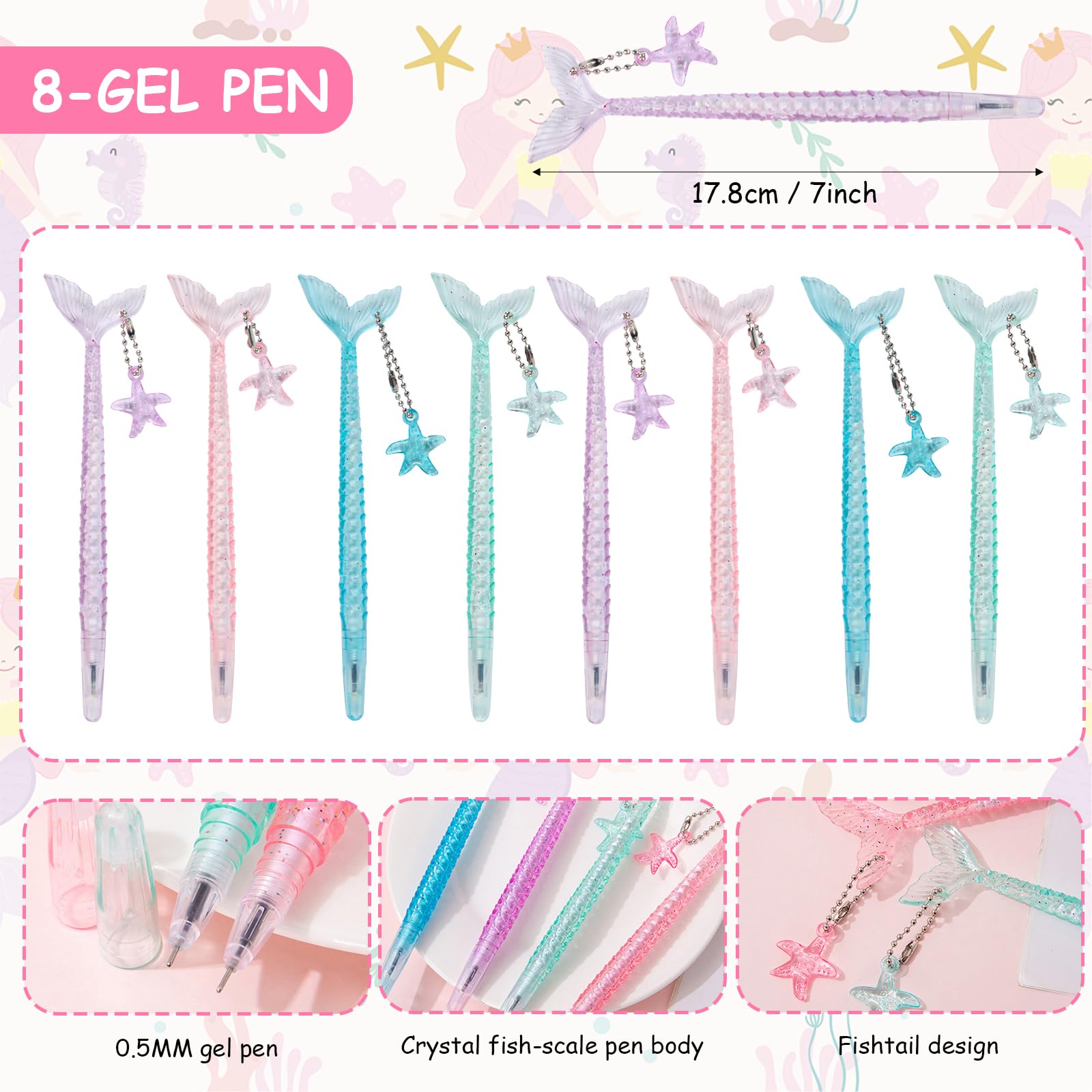 Regali Feste Bambini Sirena, 8 Quaderni a Spirale, 8 Penne Neutre, 12 Braccialetti, 50 Adesivi, Bomboniere Sirena Feste Compleanno, Regali per Ragazze