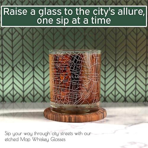 Miniatura 2 de Greenline Goods Vasos de whisky Juego de vasos de 10 onzas para los amantes de San Luis, grabado con mapa de la ciudad de San Luis Old Fashioned