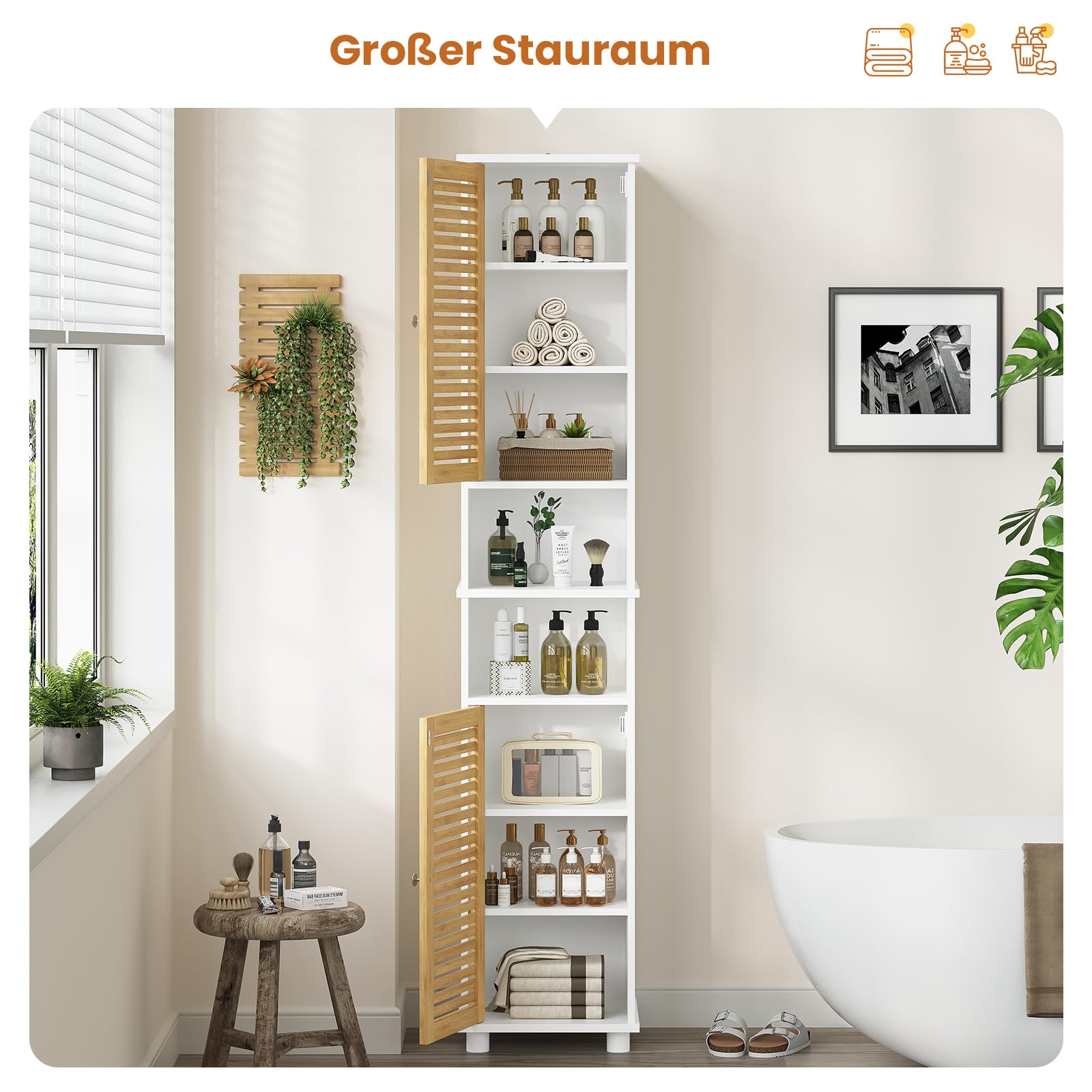 Badezimmer Hochschrank, Badzimmerschrank mit 2 offenen Fächern und verstellbaren Ablagen, Badschrank mit 2 Bambustüren, Badmöbel, für Wohnzimmer, Küche und Bad, 32 x 30 x 190 cm