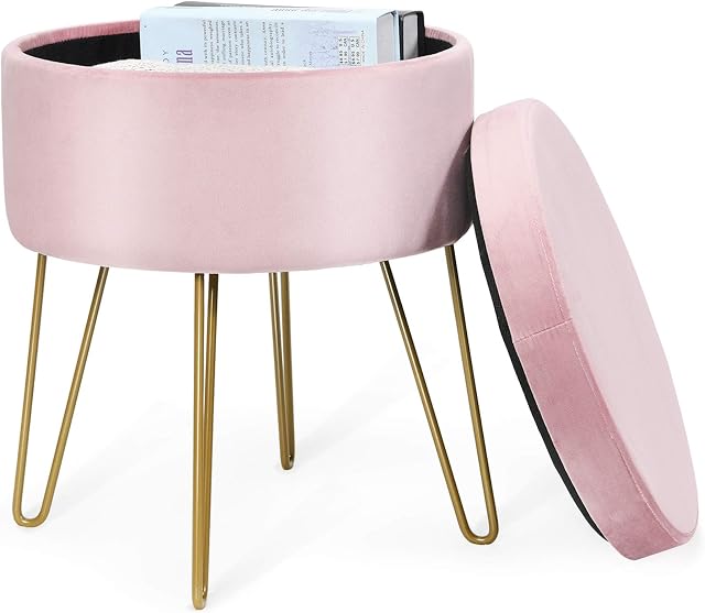 COSTWAY Velvet Round Footstool, Upholstered Dressing Table Stool with Metal Legs, Home Bedroom Living Room Storage Ottoman Pouffe (Pink)