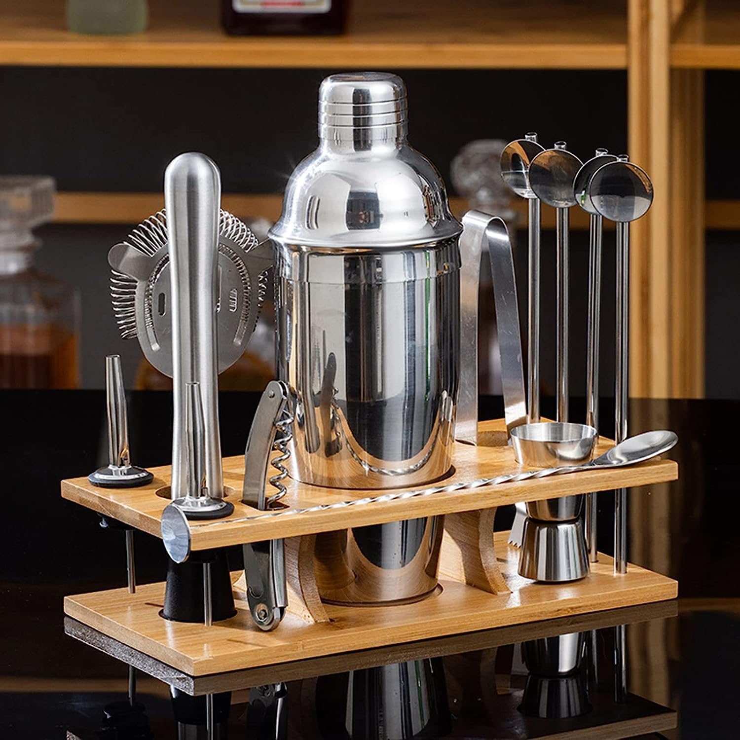 Coctelera de Cóctel,Barman Juego De Coctelera 14 Piezas Herramientas Barra Acero Inoxidable Camarero con Soporte Exhibición Madera Amantes de Los Cócteles(750ml)