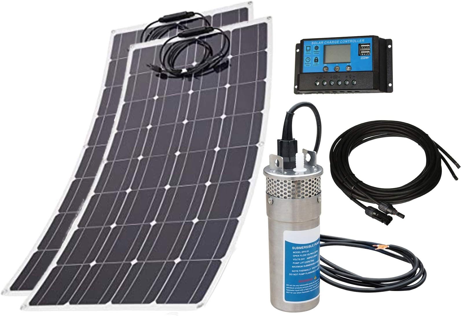 TrendlySolar Solar Powered Submersible Water Pump - 240W Flexible Mono Panels w/ 24V 3.2 GPM Deep Well Pump - Lightweight, Flexible - Ideal for Farm, Garden, Well, Fountain, Irrigation, Pond