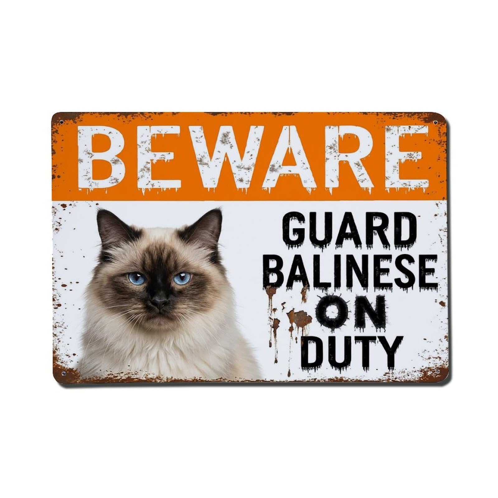 Vintage Funny Balinese Guard Beware of Cat Hallway Metal Tin Sign Plaque Wall Decor for Cafe, Club Bar, Office, Garden Metal Poster 8x12Inch