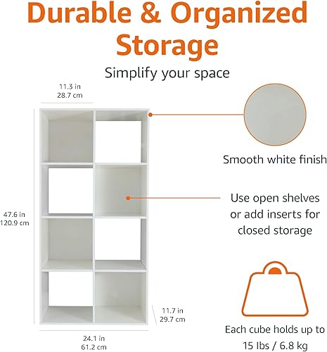 Miniatura 3 de Tienda Basics Organizador de estantes con cubos de almacenamiento, 8 cubos, blanco, 11.7 pulgadas de profundidad x 24.1 pulgadas de ancho x 47.6