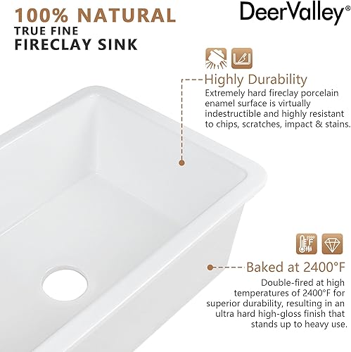 Miniatura 3 de DeerValley - Fregadero de cocina de montaje inferior de 32 pulgadas, fregadero de arcilla refractaria blanca, fregadero de cocina profundo de un