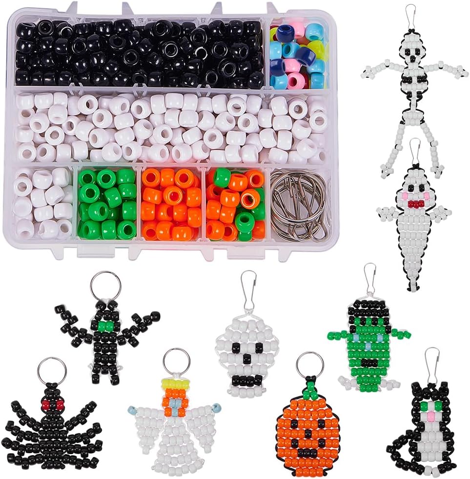 SUNNYCLUE 1 Box DIY Make 9PCS Halloween Theme Bead Pets Kit 8mm Pony Beads Assortment Box Set with Keychain, Keyring & Lanyard Clips, Instruction