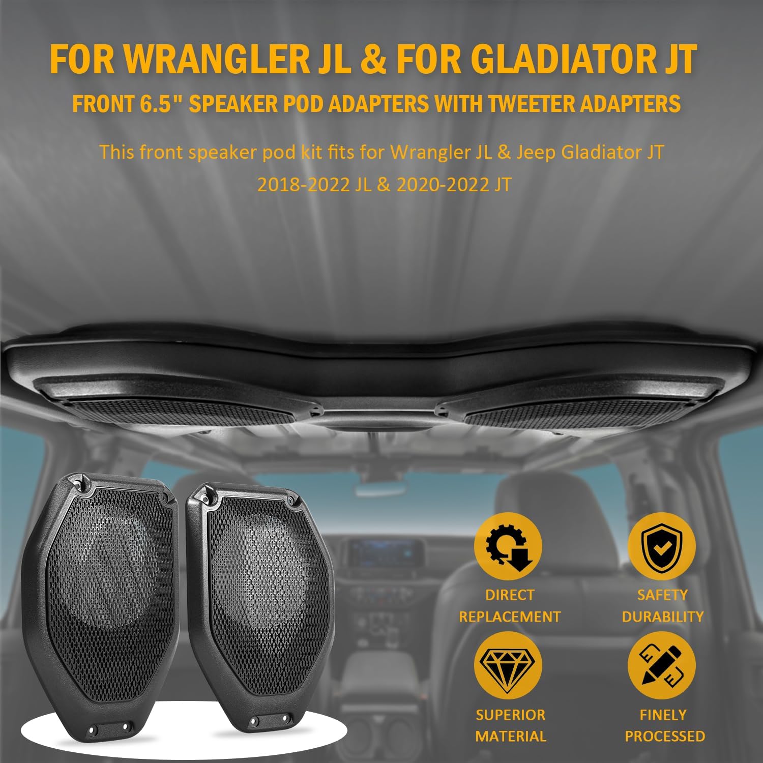 for Wrangler JL & for Gladiator JT Front 6.5" Speaker Pod Adapters with Tweeter Adapters for Wrangler JL/JT 2018-2023, Set of Two