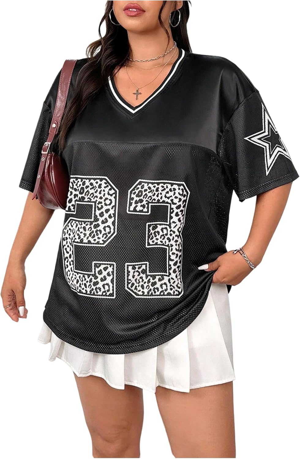 Women's Plus Size Number Leopard Jersey Shirts Oversized Y2k Mesh Half Sleeve V Neck Sports Tee Tops