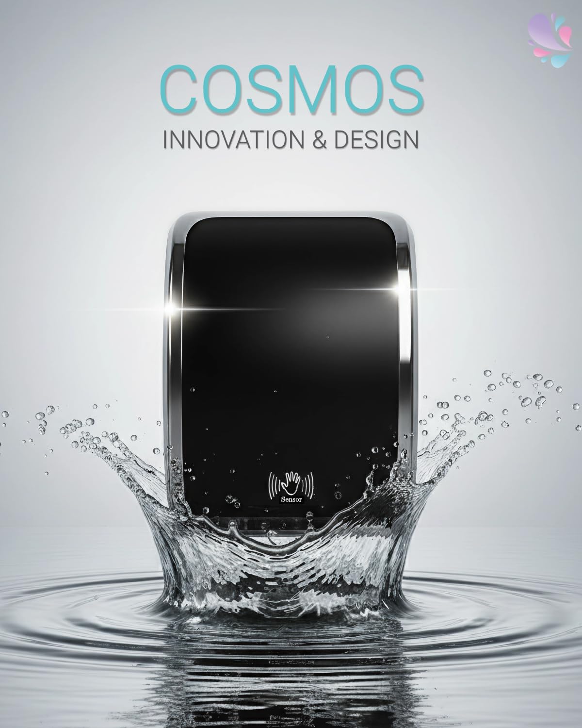 Set Cosmos Sensor Desinfektionsspender + Schale Schwarz | Berührungsloser Cosmos Desinfektionsspender mit Sensor, Auffangschale und 2x1 L Händedesinfektion für 2.000 Anwendungen