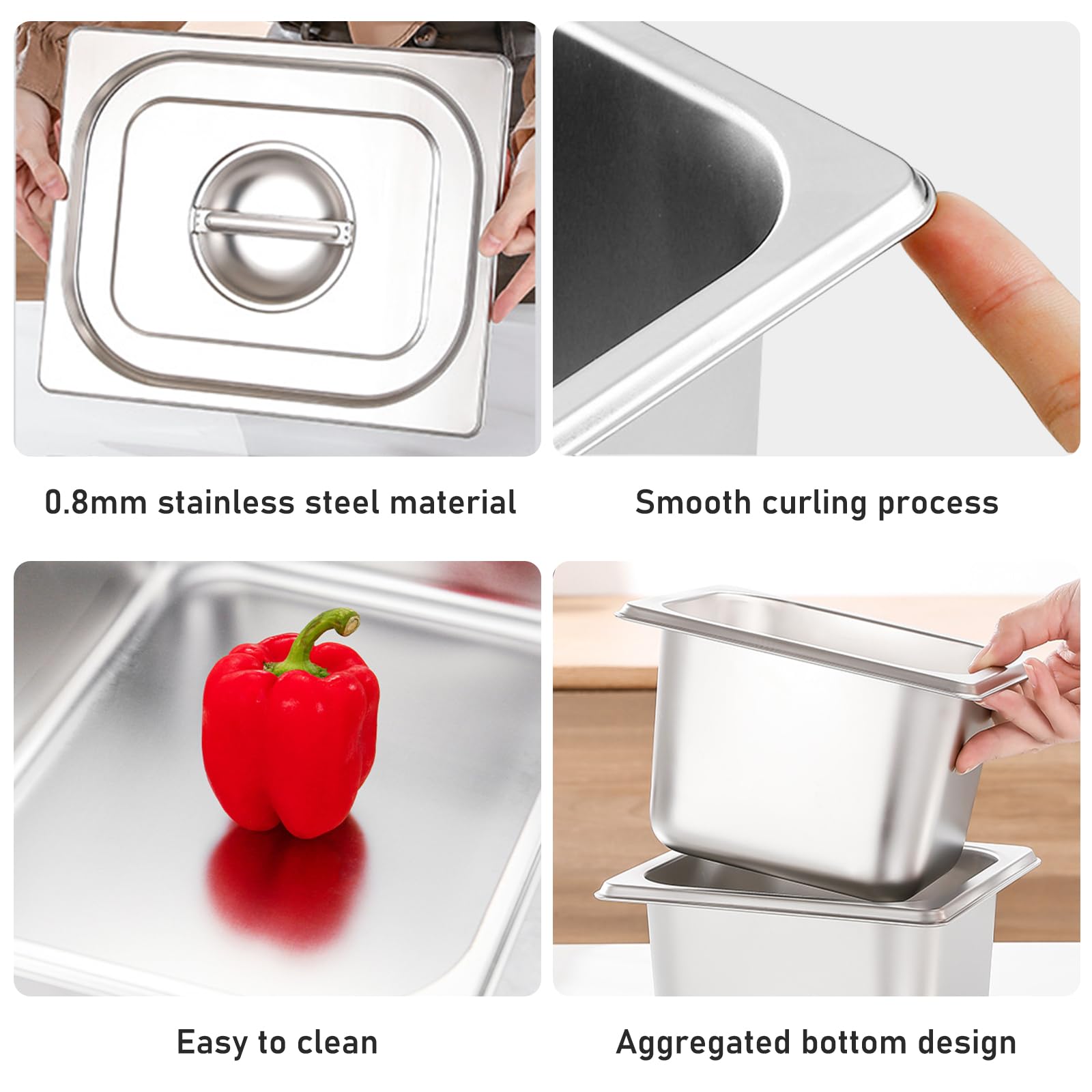 BYZESTY Juego de 4 recipientes GN de 1/6 – 15 cm de altura de acero inoxidable con tapa, recipientes gastronorm para almacenamiento profesional de alimentos