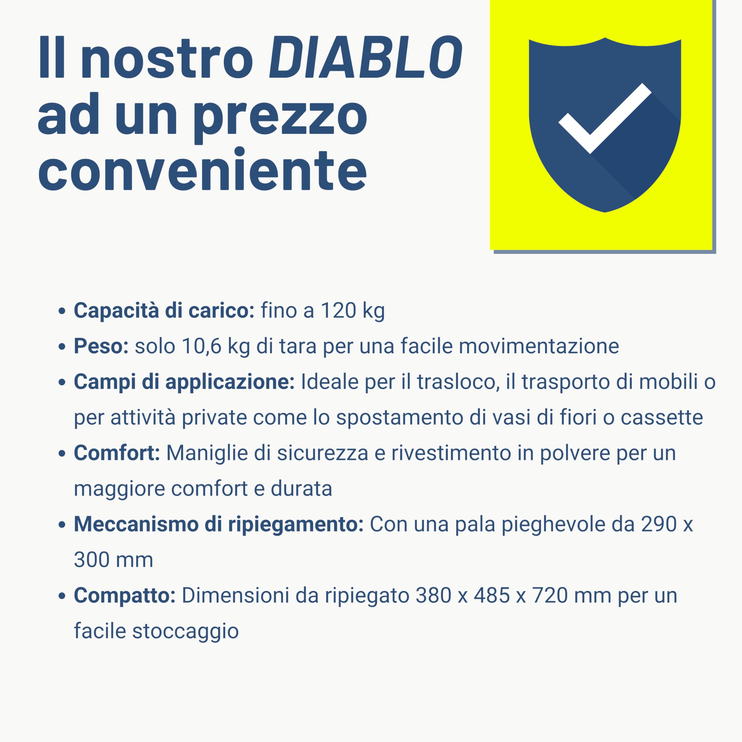 Pallit Carrello per Scale 3 Ruote Portapacchi Pieghevole - Portata 120 kg, Struttura in Acciaio, Impugnatura Ergonomica, Pala 290x300 mm DIABLO-FS