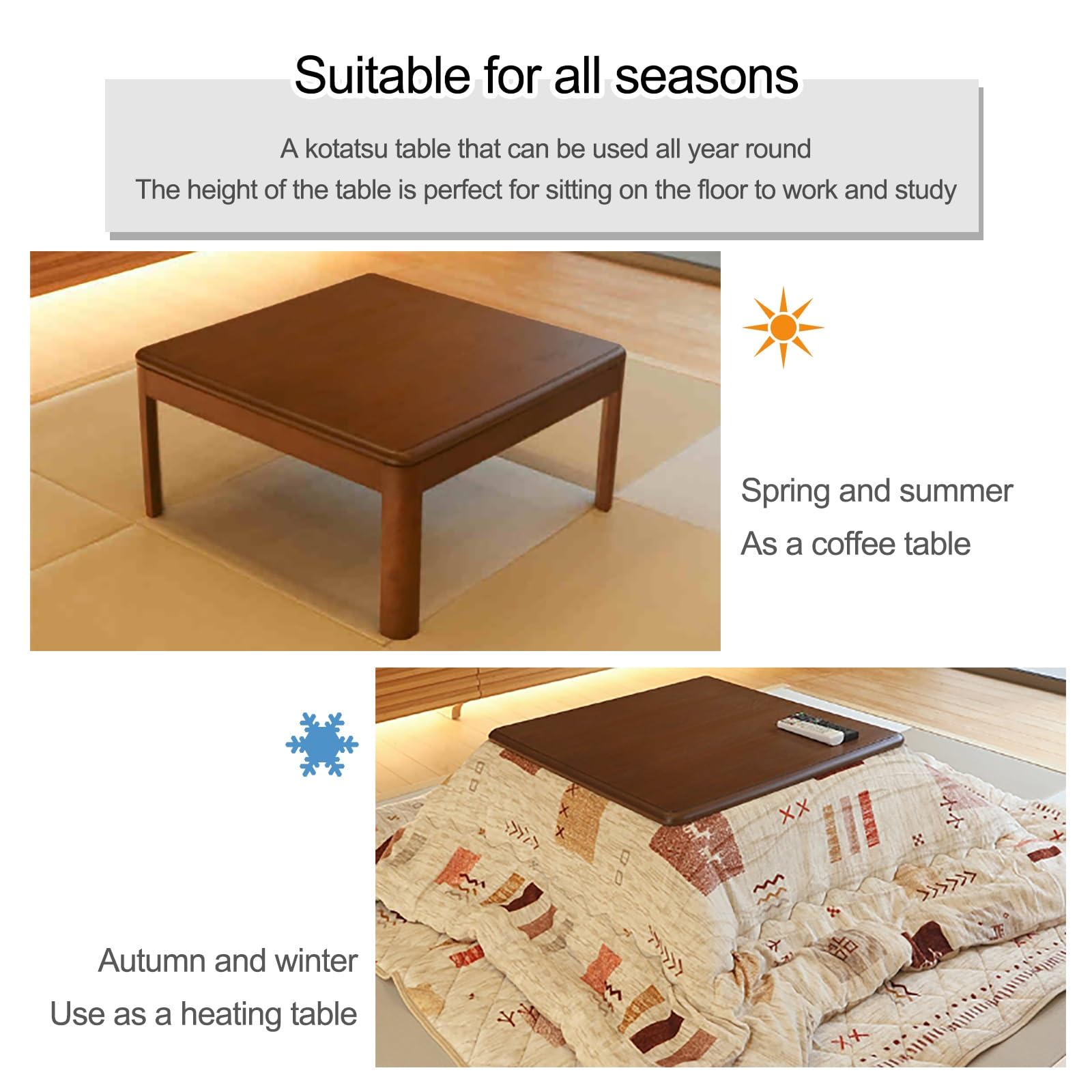 Dieser Tisch mit Heizung aus natürlichem Holzmaterial, beheizter Tatami-Tisch mit Fußwärmer, quadratische Tischplatte, Schlichtes Design für die Küche zu Hause (gelb)