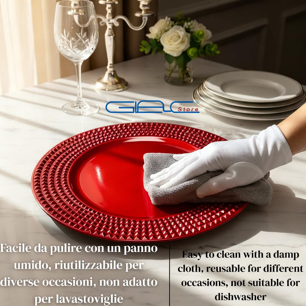 Sous-plat Élégant, Or ou Rouge, Polypropylène, 33 cm, Bordure Cloutée, Style Moderne, Lot de 4 ou 6 Pièces, pour Noël et Mariages, Réutilisable, Brillant (6, Rouge)