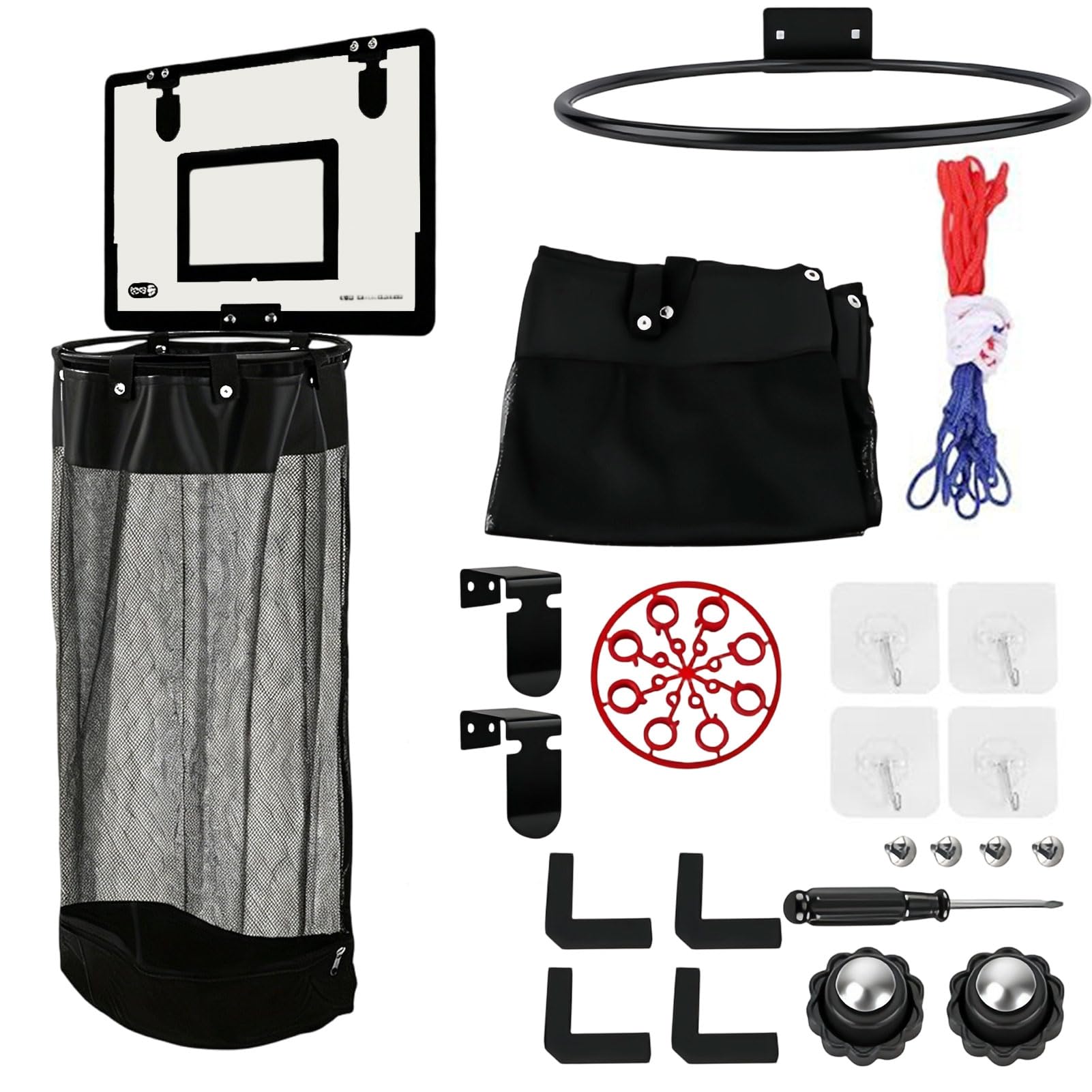 Laundry Basket with Basketball Hoop, Hanging Storage Bag for Dirty Clothes with Zipper Bottom, Thickened Mesh Organizer for Bedroom, Dorm, Bathroom, Kids Room C