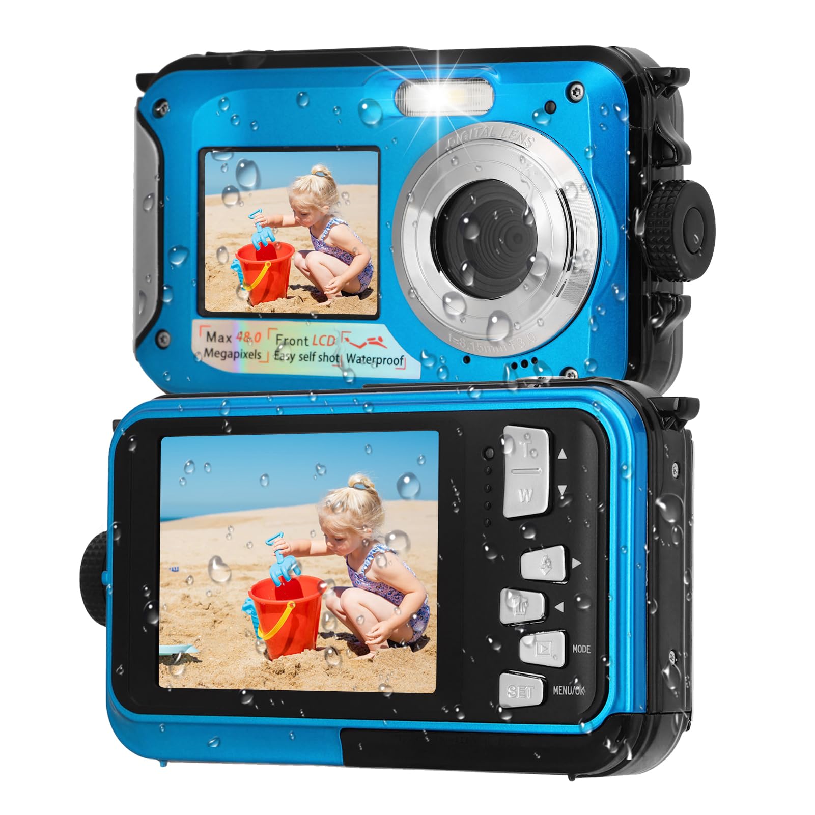 Fotocamera Subacquea, Fotocamera Subacquea da 11FT, Fotocamera Subacquea a Doppio Schermo Full HD 2.7K 48MP Autofocus Selfie con Cinghia Galleggiante, Fotocamera Subacquea con