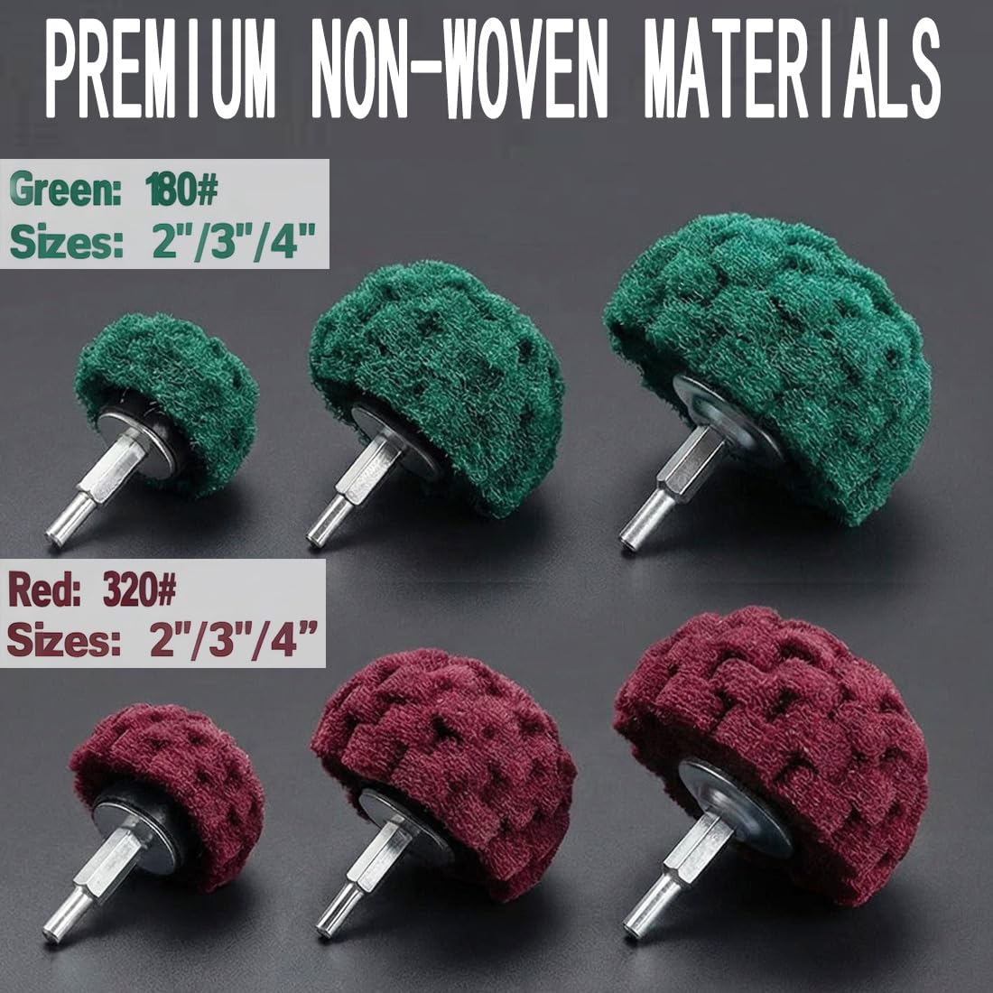 6 Pcs Drill Scouring Pads, 1/4'' Shank Half Ball Shape Non Woven Polishing Wheels for Metal, Steel, Aluminum, Hard Wood, Etc