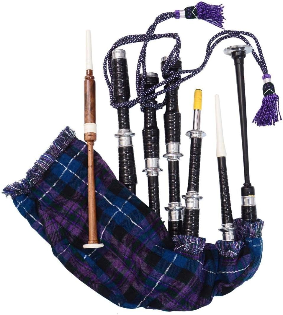 Great Highland Bagpipes Rosewood Black Finish Silver Mounts - Full Set Blue Tartan Cover Purple Cords - Practice Chanter