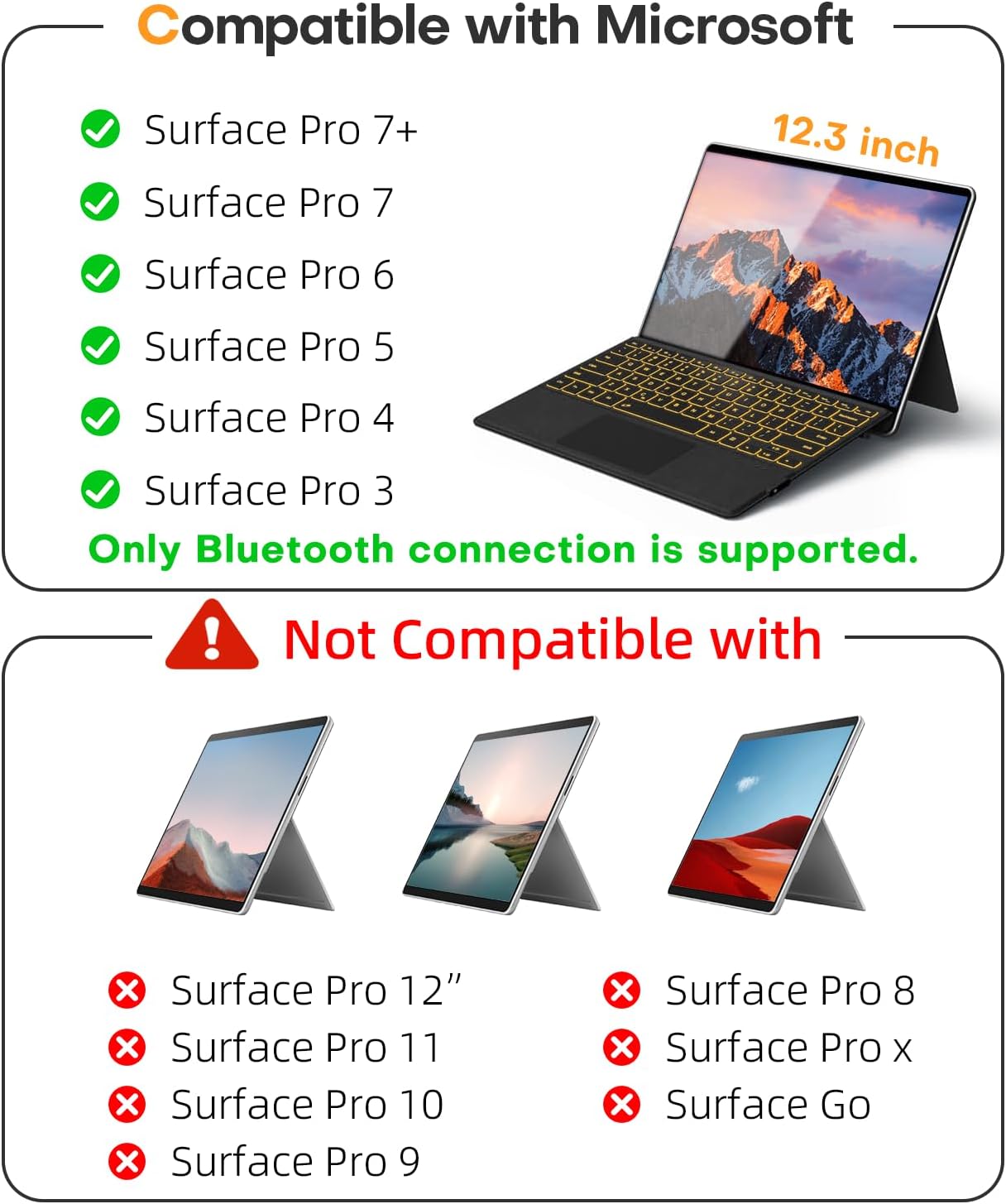 Surface Pro Keyboard for Microsoft Surface Pro 7/6/5/4/3 7 Plus 12.3 inch, 7 Color Backlit Wireless Type Cover, Bluetooth Ultra-Slim Portable Ergonomic Keyboard with Trackpad, Rechargeable Battery