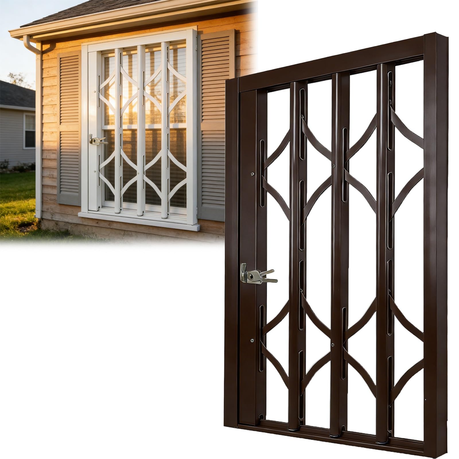 Burglar Bar, 24x35in / 60x90cm Aluminum Alloy Brown Telescoping Retractable, for Basement, Shed &amp; Attic Windows Reliable Burglary Prevention