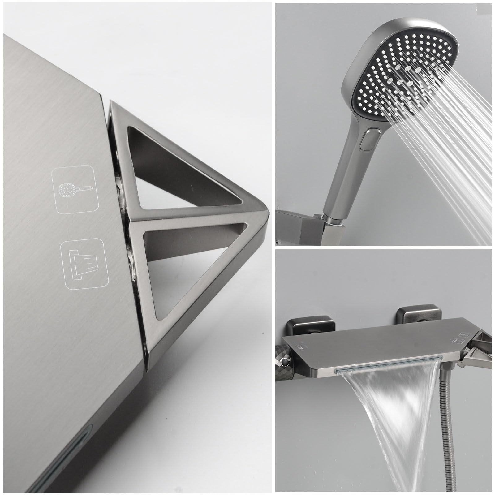 PHASAT Badewannenarmatur Wasserfall mit Handbrause Wasserhahn Badewanne Wandmontage Badarmatur Mischbatterie Messing Gunmetal Grau PTBG10E